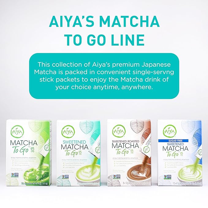 Aiya Japanese Sweetened Matcha Powder to Go Sticks - Ceremonial Grade, Vegan-Friendly, Gluten-Free - 8 Individually Packed Single-Serving Sticks for Freshness and Convenience