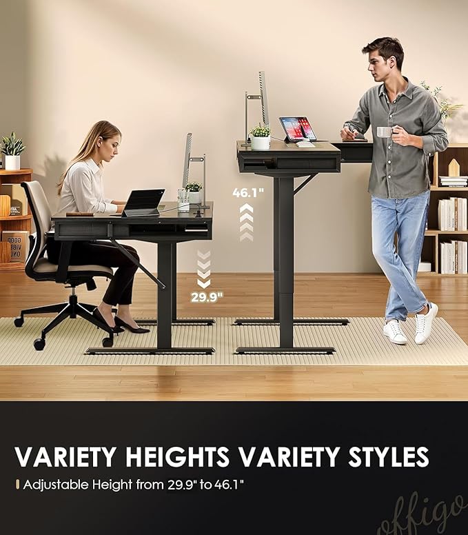 OffiGo 63 Inch L Shaped Electric Standing Desk with Drawers, Height Adjustable Large Desk with Power Outlets, Sit Stand Table, Writing Computer Desk for Home, Office, Workstation, Black