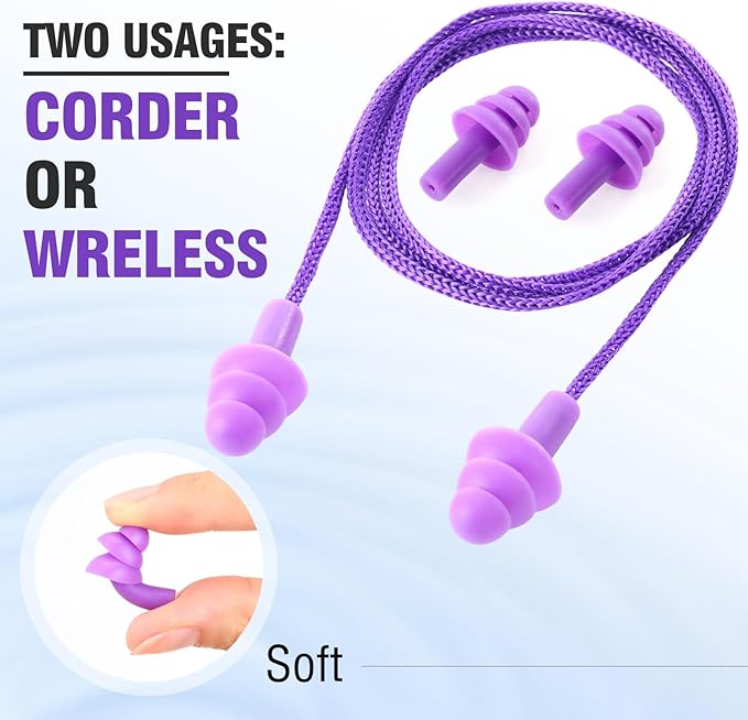 Tondiamo 200 Pairs Ear Plugs Reusable Silicone Earplugs with Cord Sleeping Individually Wrapped Hearing Protection Noise Cancelling Earplugs for Work Construction Shooting Sports(Purple)