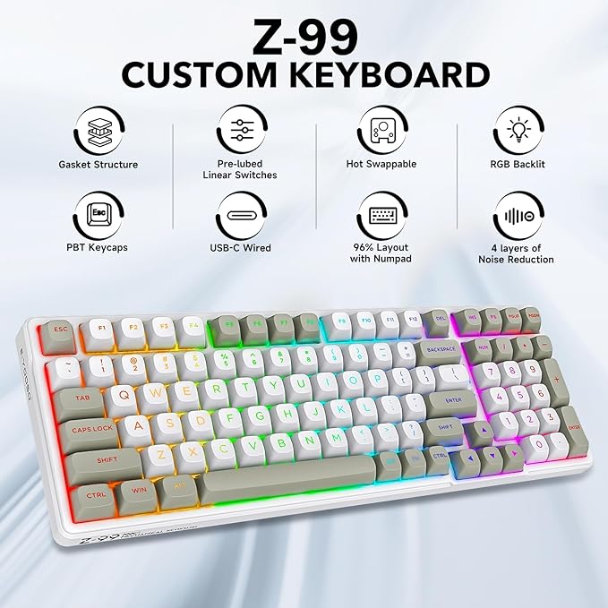 HUO JI Z-99 Wired Mechanical Keyboard, Creamy Sound, Hot Swappable Pre-lubed Linear Switches, Gasket Structure with Sound Dampening Foam, RGB Backlit, 99 Keys Custom Gaming Keyboard for PC/Mac,Gray