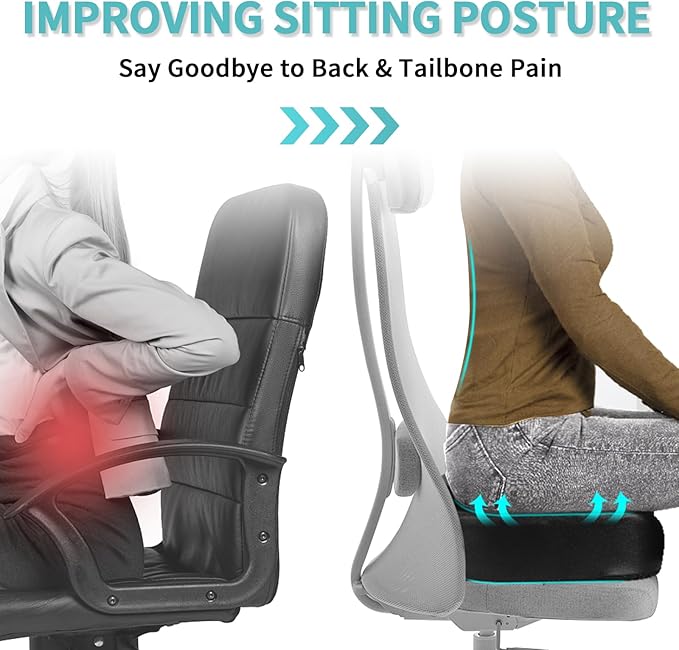 Luxury Seat Cushion, 4 Inch Extra Thick Memory Foam for Pressure Relief, Sciatica, Tailbone Pain & Back Pain Relief, Multi-Use for Bleachers, Car, Gaming, Office Chair (Black)