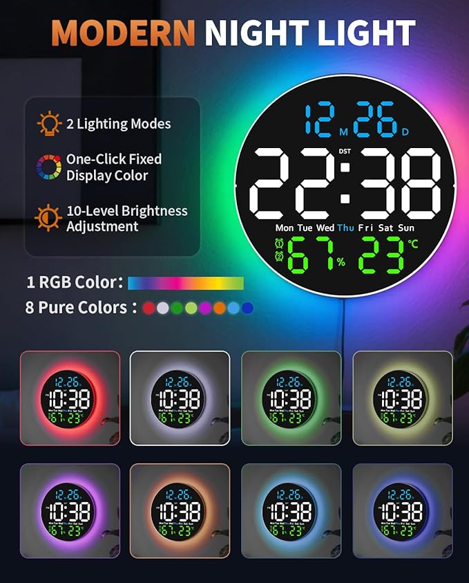 10 Inch Large Digital Wall Clock with 9 Color Changing Remote Control, Date Week Temperature, Auto Brightness Dimmer Clock Night Lights,Blue+Green