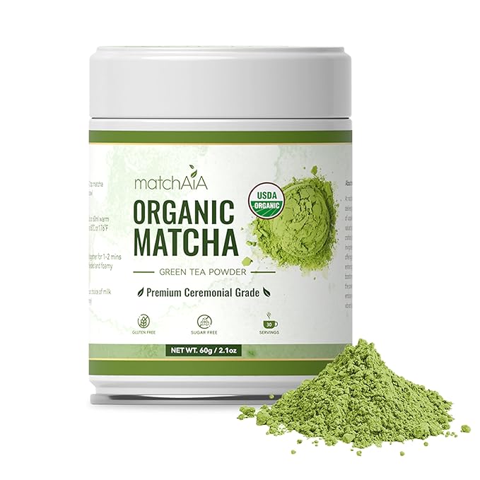 MatchAiA Premium Ceremonial Grade, USDA-Certified Organic Matcha, 100% Pure Green Tea Powder, First Spring Harvest, Sugar Free, Gluten Free (60g / 2.1oz Tin Can)