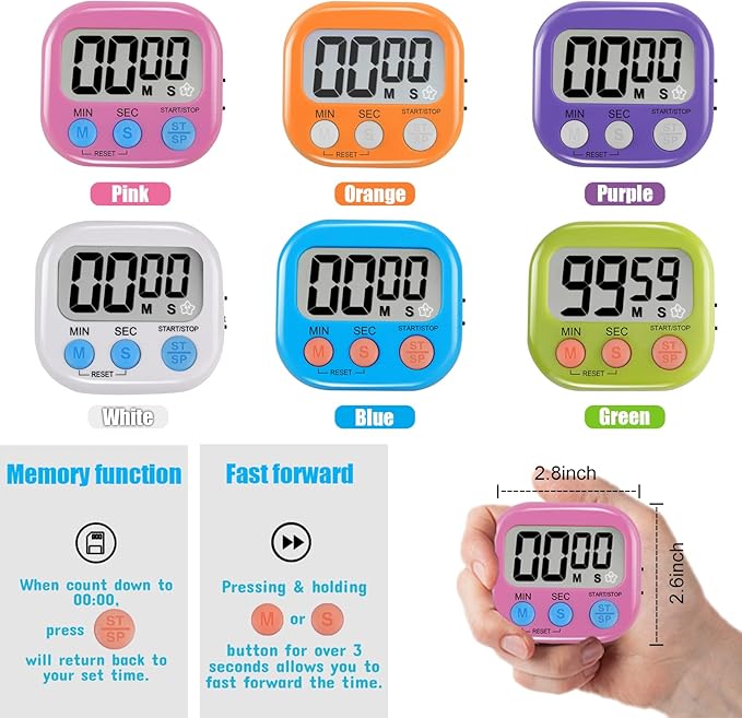 6 Pack Multi-Function Electronic Timer - Magnetic Digital Timers Big LCD Display The Loud/Silent Switch Countdown Timer Extensively Use in Break Time, Cooking,Gym, Meeting, Classroom