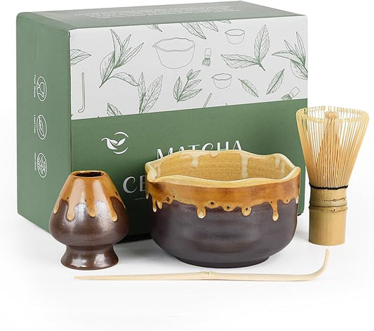 Pottery Matcha Set - Japanese Handcrafted Matcha Tea Bowl Mineral Glaze Bowl with Spout, Bamboo Whisk, Scoop & Chasen Holder | 4pc Tea Ceremony Kit for Matcha Lovers (Coffee Sand)