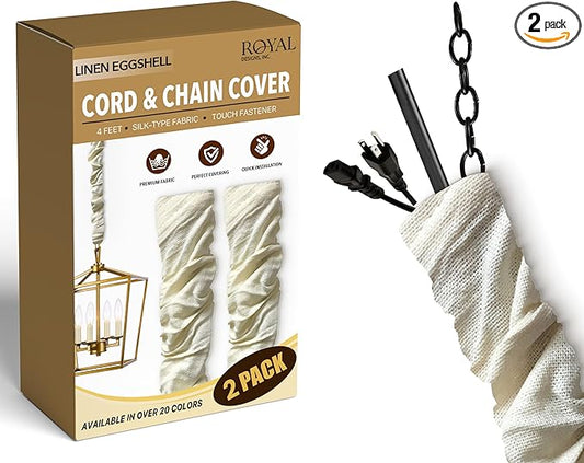 Royal Designs, Inc. Cord & Chain Cover 4 ft Silk Type Fabric, Chandelier Pendant Lighting Chain & Cable Management, Touch Fastener, Linen Eggshell - 2 Pack