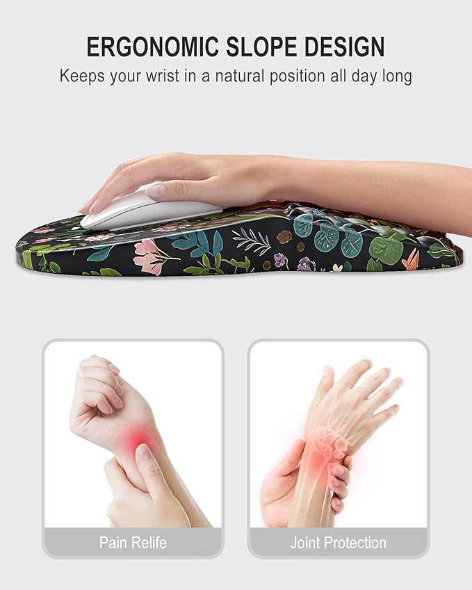 Auhoahsil Ergonomic Mouse Pad with Wrist Rest, Slope Computer Mouse Mat with Wrist Support, Memory Foam Filling, Non-Slip Silicone Base, Pain Relief, for Gaming & Work, 8 x 12 in, Black Flowers