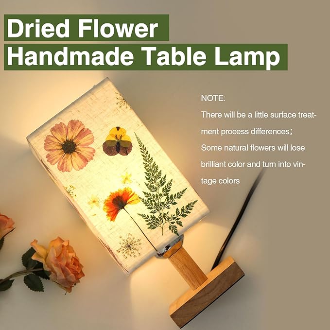Dried Flowers Table Lamp 5W LED 3Color Temperatures Pressed Flower Bedside Lamp Square Linen Shade with Wood Base for Bedroom Living Room