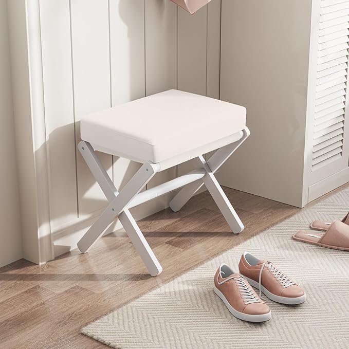 Foldable Foot Stool Ottoman, Modern Foot Rest with Bamboo X Legs & Thick Foam Cushion, Folding Foot Stools Small Padded for Bedroom Living Room, Makeup Vanity Stool Chair (White - White)