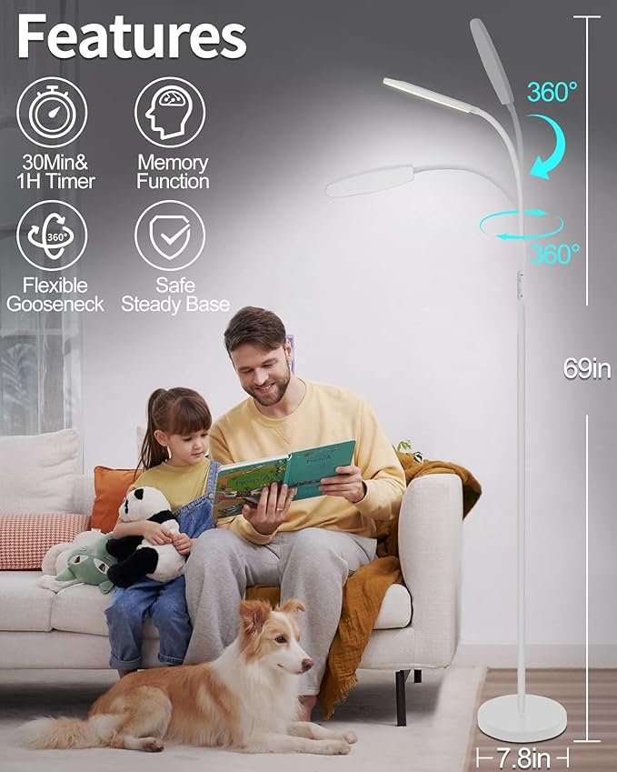 Light Therapy Lamp, 10000 Lux UV-Free Happy Therapy Lamp, Full Spectrum Sunlight Lamp with Remote Control, Light Therapy Floor Lamp with 10 Color Temperature & 6 Brightness & Timer-White