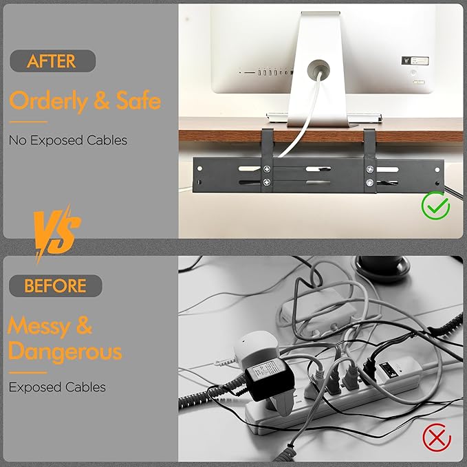 Retractable Under Desk Cable Management Tray No Drill, 17"-30" Long Cable Tray with Clamp Mount, Metal Cord Organizer, Support 50 lbs+, Wire Management Basket for Home Office, Black