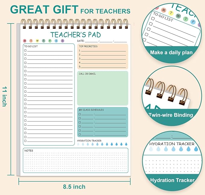 Teacher Notepad - A4 Teacher To Do List Notepad, Spiral Checklist Notebook Organizer for Teachers Notes Task Appointment, Teacher Appreciation Gifts, 8'' x 11'', Green