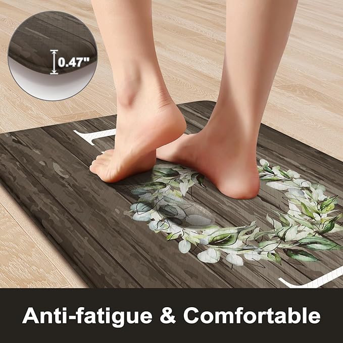 KIMODE Anti Fatigue Kitchen Mats for Floor 2 Piece, Farmhouse Kitchen Rugs Non Slip, Cushioned Kitchen Floor Mats, Memory Foam Kitchen Mat for Sink, Laundry, Office, Desk Brown 20"x47"+20"x32"