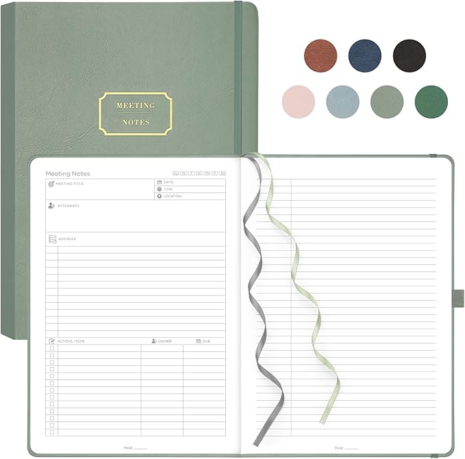 EMSHOI Meeting Notebook for Work with Action Items - 240 Pages A4 Large Project Planner Agenda Organizer Work Notebook for Women Men Office Business, PU Leather Hardcover, 8.5" x 11", Green