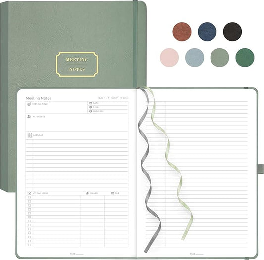 EMSHOI Meeting Notebook for Work with Action Items - 240 Pages A4 Large Project Planner Agenda Organizer Work Notebook for Women Men Office Business, PU Leather Hardcover, 8.5" x 11", Green