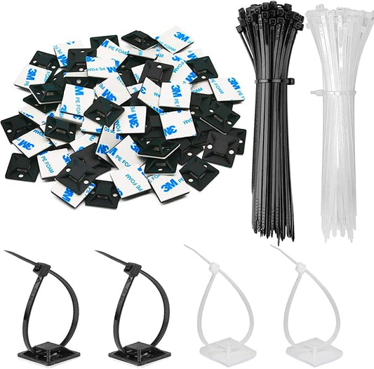 100 Pack 1.1 inch Zip Tie Adhesive Mounts Self Adhesive Cable Tie Base Holders with Multi-Purpose Tie wire clips with screw hole,Anchor stick on wire holder with 8 inch zip ties（Black&White）