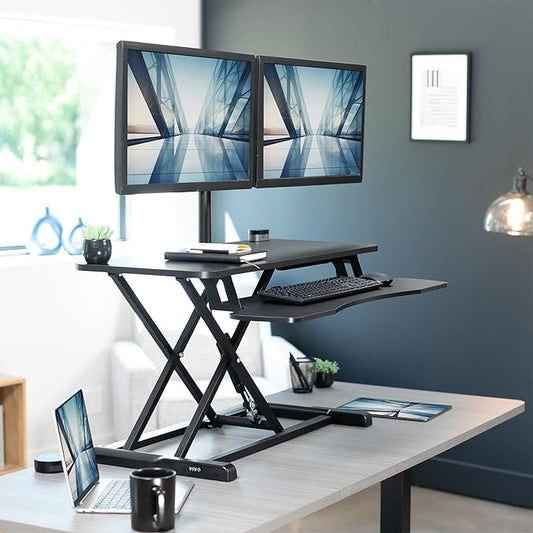 VIVO 36 inch Standing Desk Converter with Dual Monitor Mount for up to 32 inch Screens, Height Adjustable Riser with Pneumatic Spring Arms, Black, DESK-KIT-036K2K