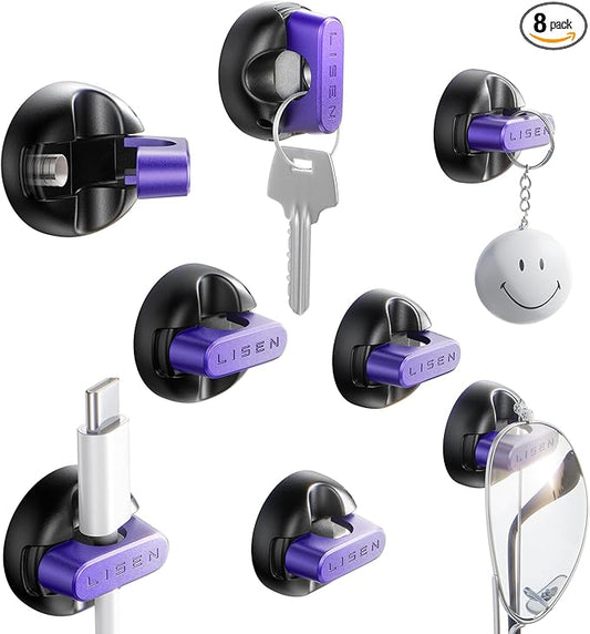 8-Pack Office Desk Accessories [1S Snap-On] Nightstand Organizer, LISEN Desk Organizers and Accessories with 4 Extra Strong Adhesive Pads, Wire Organizer for Nightstand, Home, Car, Desktop, Purple