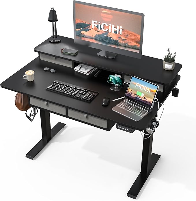 Adjustable Height Standing Desk with 4 Drawers,48 x 30 inches Electric Sit Stand Home Office Desk with Two Tiers, 3 Memory Presets, Monitor Stand Riser, USB A/C Charging Port