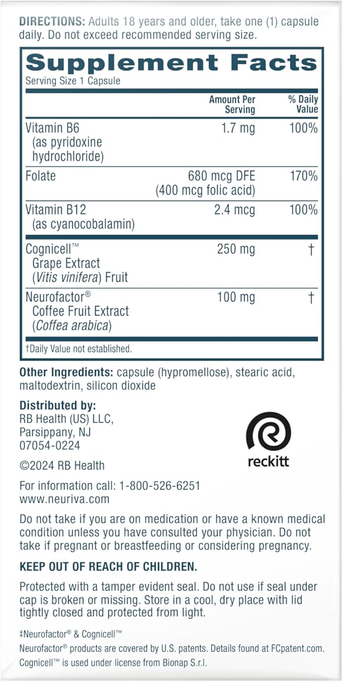 NEURIVA Memory 3D Brain Supplement - Decaffeinated Nootropic Capsules for Memory, Focus, & Cognitive Function - Short Term, Long Term, & Working Memory Support - 50ct