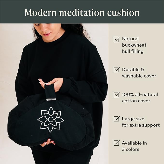 Mindful & Modern Large Meditation Cushion | Zafu Yoga Bolster Meditation Floor Pillow Seat | Buckwheat Hull Filled Crescent Shaped Cushion with Removable Washable Cover + Carry Handle