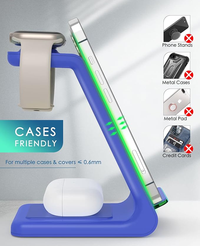 3 in 1 Wireless Charging Station, 2025 Upgraded Fast Desk Charger Station for iPhone 16 15 14 13 12 Pro Max Plus, Charger Stand for Apple Watch 10 9 8 7 6 5 4 3 2 SE, Airpods 4 3 2 Pro(Blue)