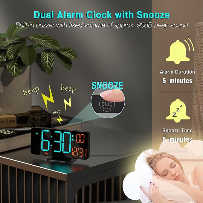 KOSUMOSU Alarm Clocks for Bedrooms, 6.7" Black Small Digital Clock LED, Desk Alarm Clock with Auto Dimming,Seconds, Day of Week, Indoor Temperature,Clocks for Living Room