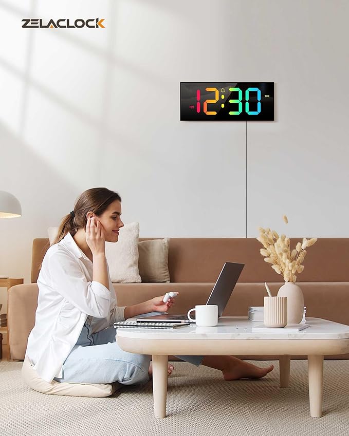 Large Digital Wall Clock 12", Digital Clock with Full Screen Display, 12 RGB Colors Changing Remote Control, DST, Wall Clock with Night Lights for Elderly Living Room Bedroom Office Gaming Room Decor