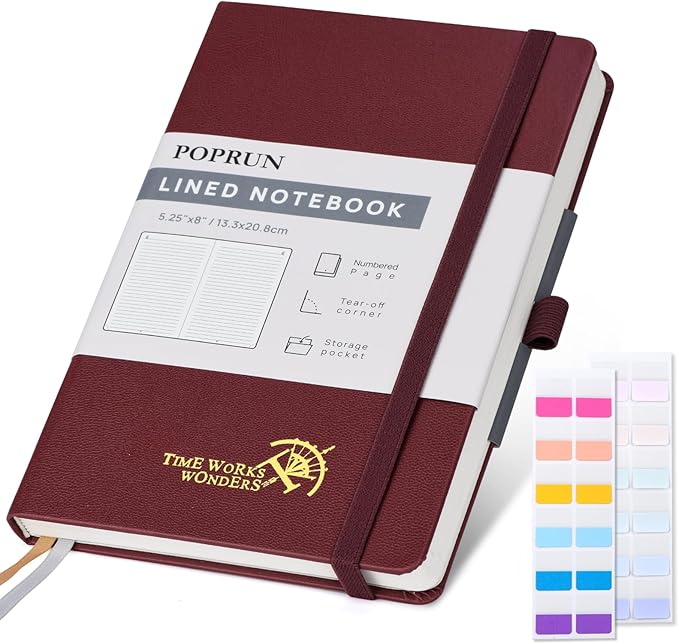 POPRUN Lined Journal Notebook for Women & Men, A5 Medium Size 5.25''x 8'', 120GSM Thick Paper, 128 Numberd Pages, Hardcover, Index Tabs, College Ruled Notebook for Work & Note Taking - Burgundy Red