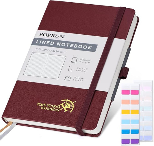 POPRUN Lined Journal Notebook for Women & Men, A5 Medium Size 5.25''x 8'', 120GSM Thick Paper, 128 Numberd Pages, Hardcover, Index Tabs, College Ruled Notebook for Work & Note Taking - Burgundy Red