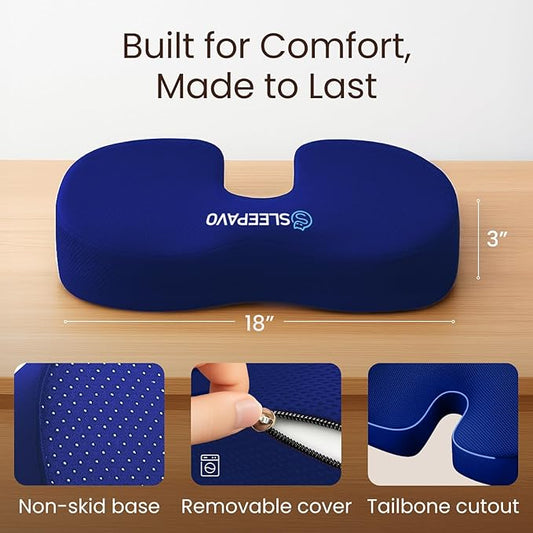 Sleepavo Navy Blue Memory Foam Seat Cushion for Office Chair - Pillow for Sciatica, Coccyx, Back, Tailbone and Lower Back Pain Relief - Orthopedic Chair Pad Lumbar Support in Office, Car, Airplane