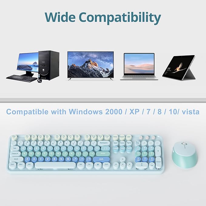Fogruaden Blue Retro Typewriter Keyboard and Mouse Wireless, 2.4GHz Office Full-Sized Colorful Computer Keyboard with Number Pad and Cute Mouse for Windows PC Desktops Laptop