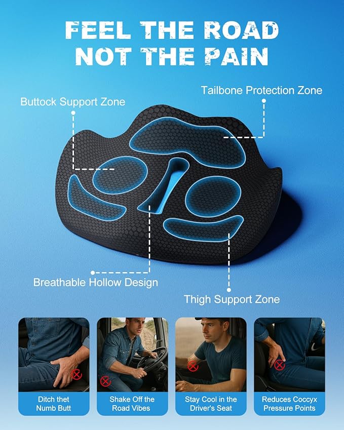 Memory Foam Truck Seat Cushion with TPE Gel Support, Truck Seat Cushion with Non-Slip Washable Cover for Back Support & Pain Relief During Long Drives(Black)