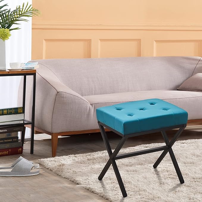 Wimarsbon Ottoman Foot Stool Tufted Vanity Stool Ottomans Thickened Cushion Footstool Mulifunctional Shoe Changing Seat Step Stools with Metal X Leg for Living Room Bedroom Velvet Teal