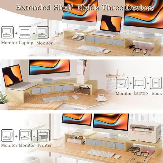 TEAMIX Dual Monitor Stand Riser - Length and Angle Adjustable White Monitor Stand with 2 Drawers to Storage Large Computer Riser for 2 Monitors/Laptop/PC, Wood Screen/TV Stand Desk Organizer (Maple)