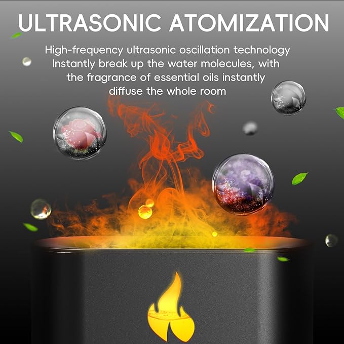 Fireplace Flame Diffuser, Aromatherapy Essential Oil 250ml Himalayan Salt Lamp Cool Mist Ultrasonic Humidifier for Bedroom,Office,Home, Auto Shut-Off, Night Light (Black), (M23)