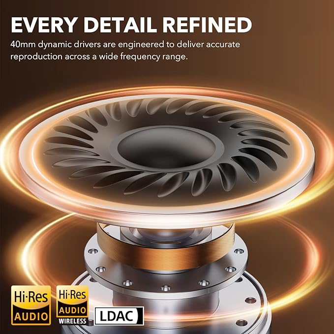 1Mii Y8+ Noise Cancelling Headphones Bluetooth, Wireless LDAC Hi-Res Audio, Custom EQ via App, 75H Playtime, Comfort Fit, Over Ear Headphones Foldable for Airplane Travel Home Office Cream White