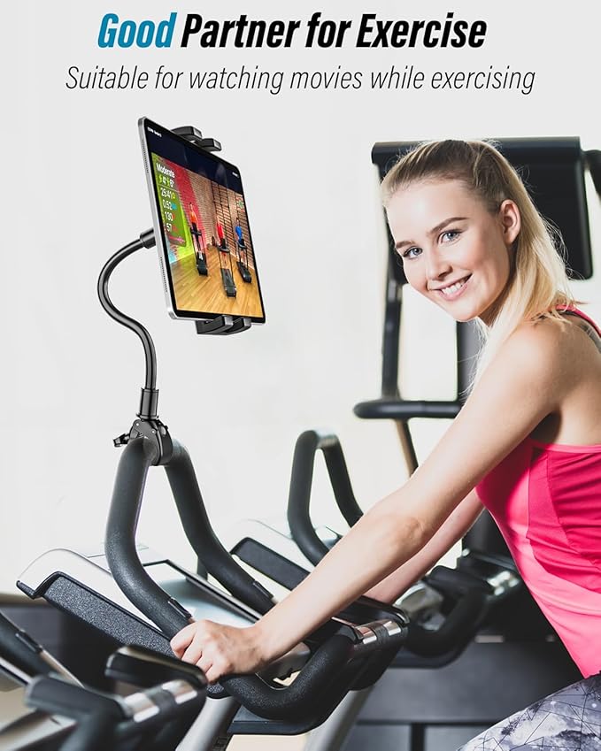 Gooseneck Spin Bike Tablet Holder, Handlebar Clamp Tablet Mount for Stroller, Wheelchair, Indoor Peloton, Treadmill, Stationary Exercise Bicycle, Elliptical, for 4-13" iPad Pro Air Mini, Galaxy, Fire