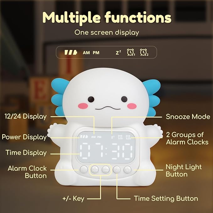 Axolotl Alarm Clock with Night Light for Kids, 7 RGB Color Cute Alarm Clocks for Bedrooms Ok to Wake Clocks, Silicone Animal Tabletop Lamp for Teen Girls Boys, White