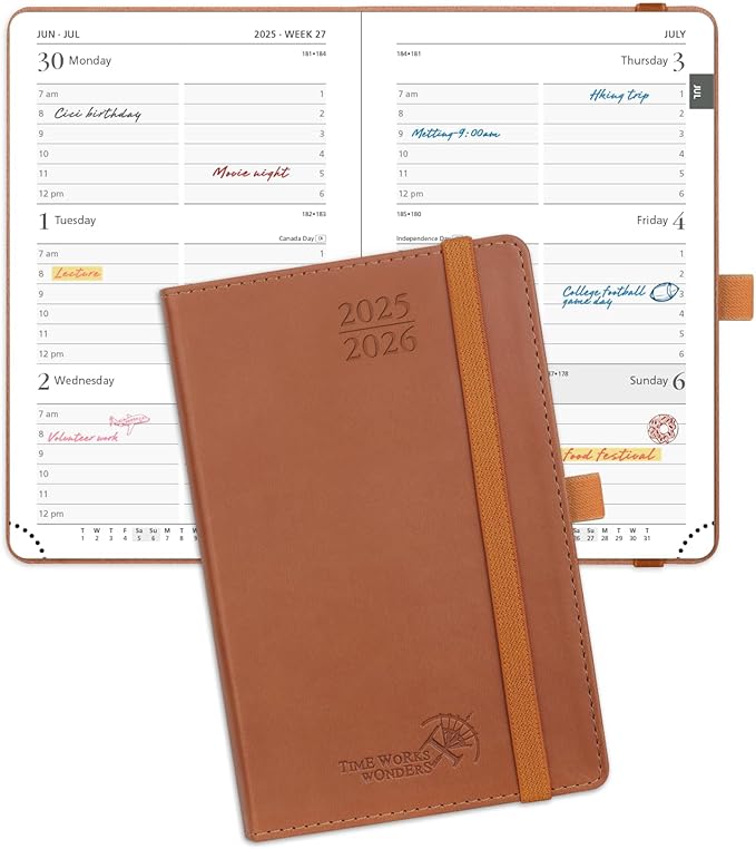 POPRUN Pocket Planner 2025-2026 (Purse Size 4'' x 6.25'') Academic Small Calendar (July 2025 - June 2026) with Hourly Time Slots, 100GSM Thick Papers, Leather Soft Cover - Brown
