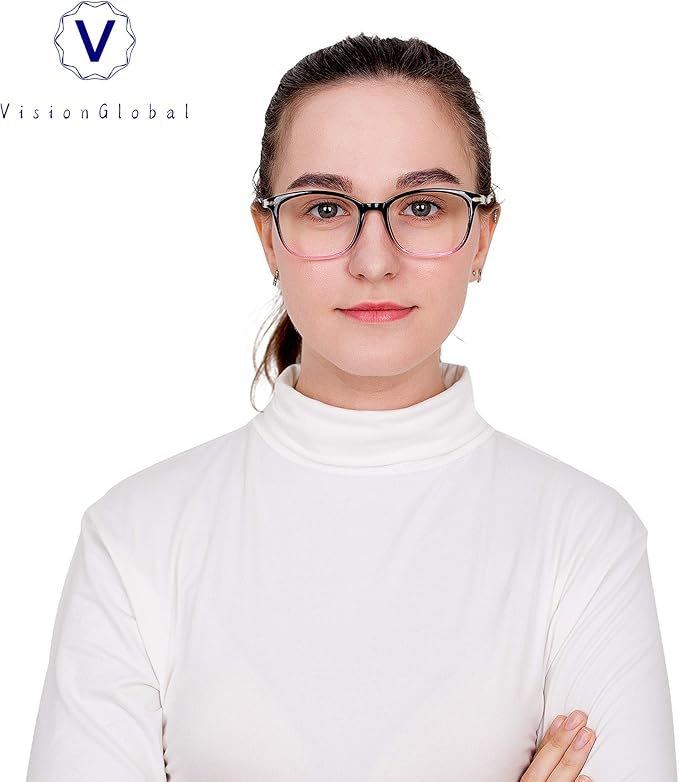 VisionGlobal Blue Light Blocking Glasses for Women/Men, Anti Eyestrain, Computer Reading, TV Glasses, Stylish Square Frame, Anti Glare(Black Purple,+3.50 Magnification)