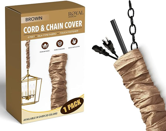 Royal Designs, Inc. Cord & Chain Cover 4 ft Silk Type Fabric, Chandelier Pendant Lighting Chain & Cable Management, Touch Fastener, Brown - 1 Pack
