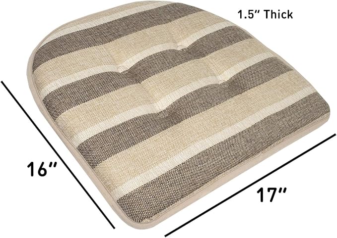 Sweet Home Collection Chair Cushion Memory Foam Pads Tufted Slip Non Skid Rubber Back U-Shaped 17" x 16" Seat Cover, 6 Pack, Bradford Beige/Brown, (Pack of 2)