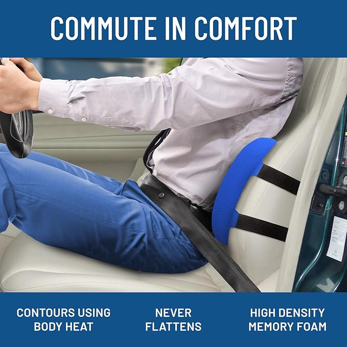 Everlasting Comfort Lumbar Support Cushion for Car Seat - Memory Foam Back Cover for Car - Lumbar Support Promotes Better Posture, Back Pain Relief - Ideal for Driving