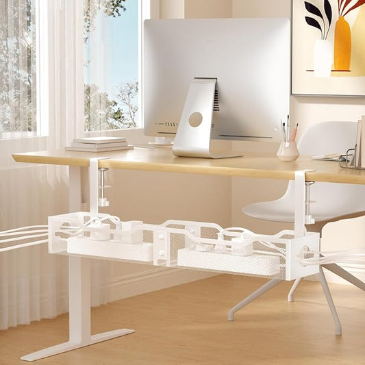 Under Desk Cable Management Tray 25.12", Extra Large Cable Management No Drill, Extended Cord Organizer with Adjustable Clamps, White