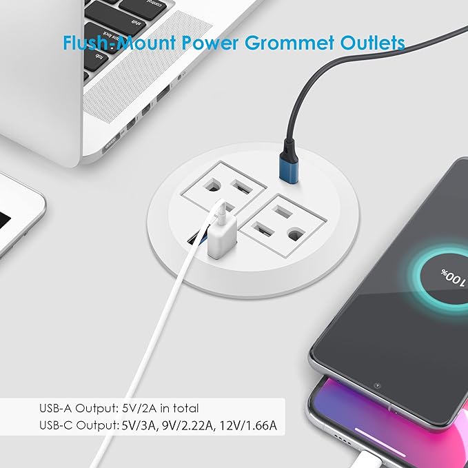 Jgstkcity 2-in-1 Desktop Power Grommet with USB-C Output, 125V, 12A, 2 AC Outlets, 3 USB Charging Ports, White