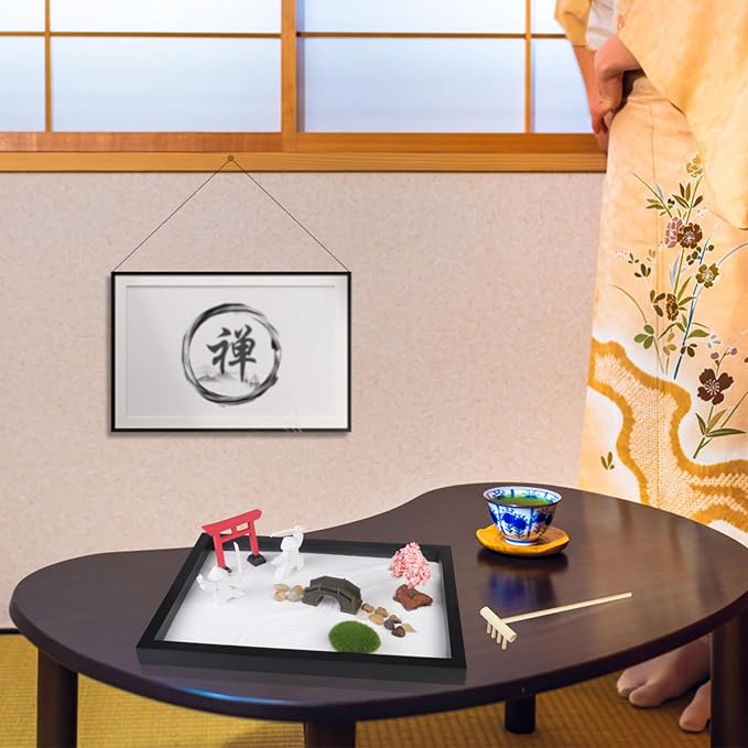 Japanese Zen Garden for Desk - Sakura Tree Samurai 12" x 8" Desktop Mini Zen Garden with White Sand Artificial Bonsai Tree Rocks Rakes & Accessories - Meditation Zen Gifts Office Decor