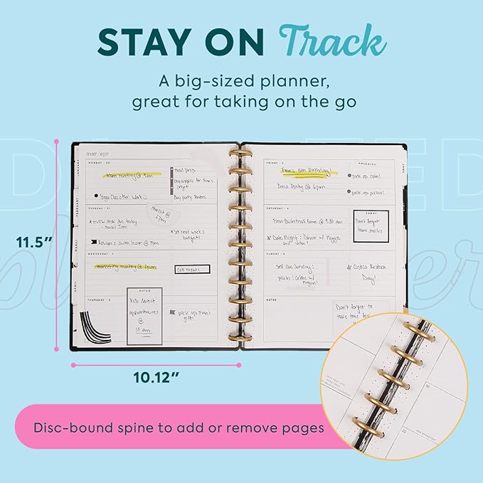 Happy Planner Disc-Bound Planner Jan.–Dec. 2026, Includes 3 Extra Months and 2 Sticker Sheets, Big Size, 8.5" x 11", Horizontal Layout, Modern Texture