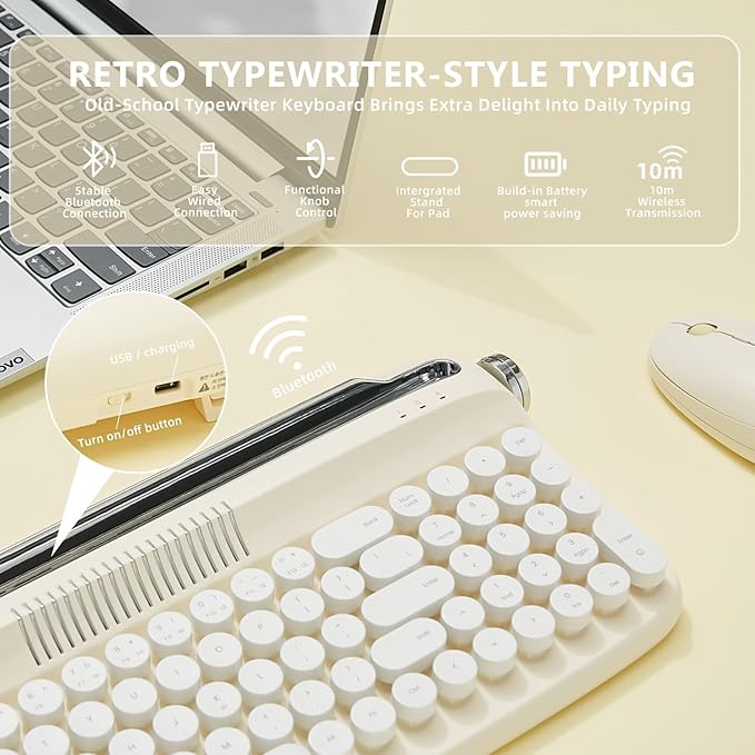 YUNZII Upgraded Wireless Typewriter Keyboard,with Retro Integrated Stand,USB-C/Bluetooth,Cute Round Keycaps, USB-C/Bluetooth Connection for Table, Phone, PC and Win/Mac/Android (B309, Ivory Butter)