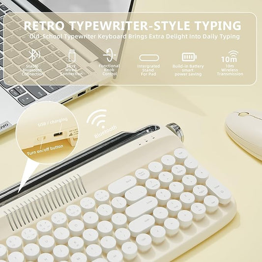 YUNZII Upgraded Wireless Typewriter Keyboard,with Retro Integrated Stand,USB-C/Bluetooth,Cute Round Keycaps, USB-C/Bluetooth Connection for Table, Phone, PC and Win/Mac/Android (B309, Ivory Butter)